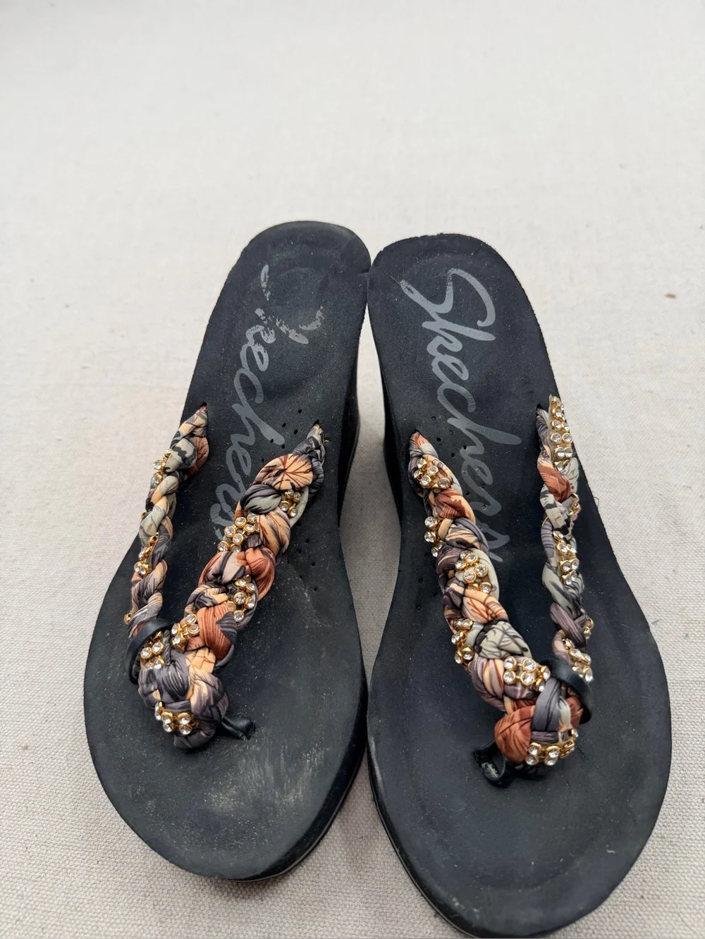 Skechers Wedge Flip-Flop Sandals with Braided Beaded Straps - Black